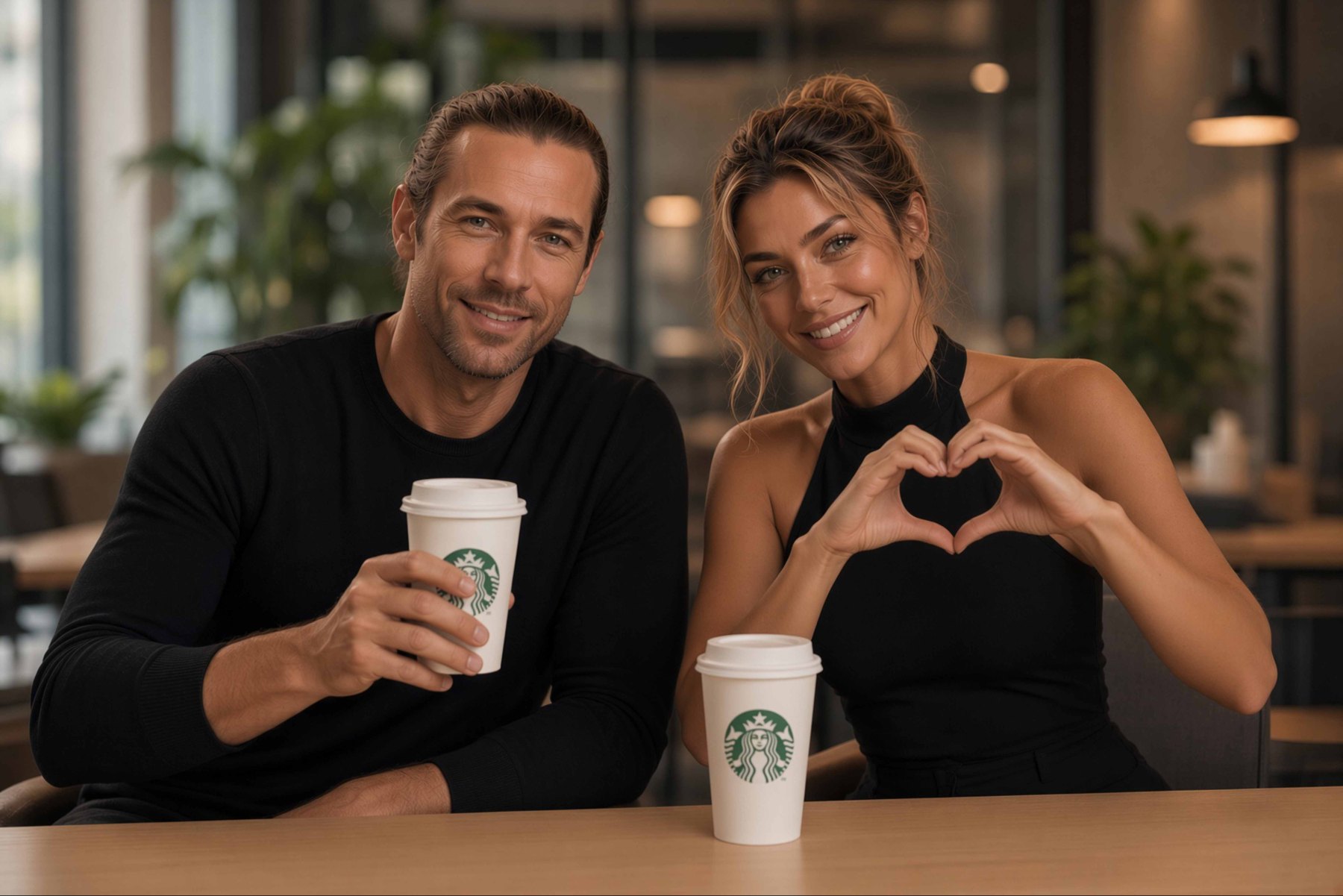 Stephan von Falkenstein and Sophia at a cafe table, coffee in hand,
            making a heart with their hands.
