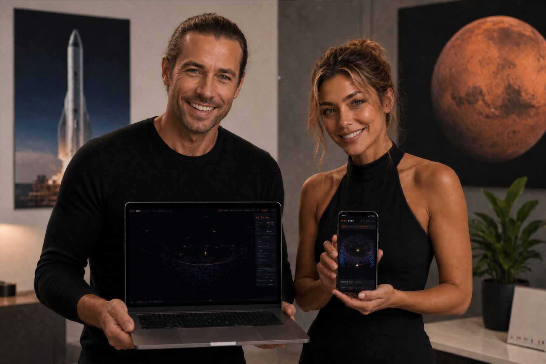 Stephan von Falkenstein and Sophia in the studio, holding Mars Deck
            running on a laptop and a phone, with Mars and a Starship launch on
            the walls behind them.