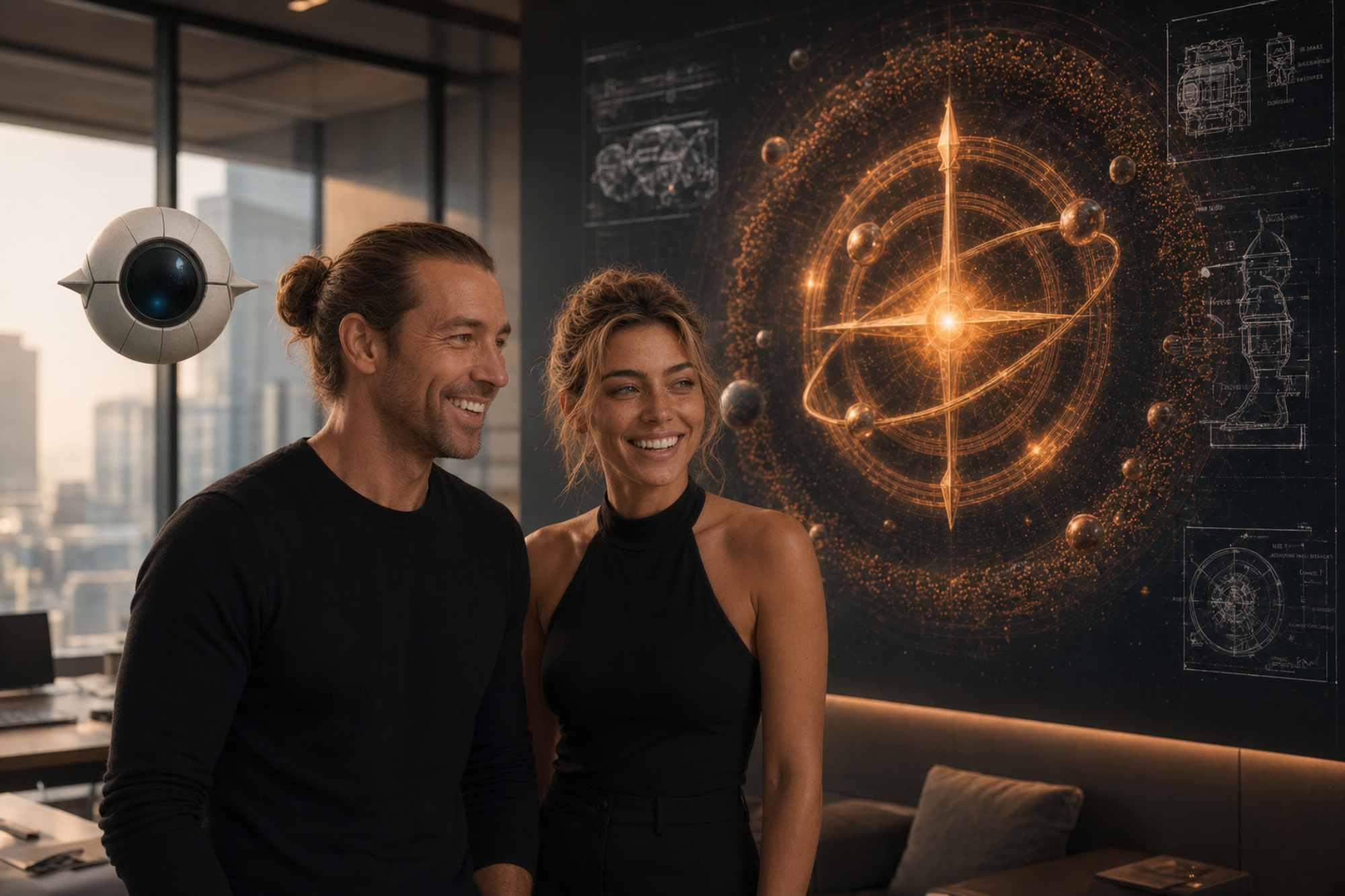 A studio wall lit by a glowing orrery — concentric orbital rings
            around a bright central star, surrounded by engineering schematics.
            Stephan von Falkenstein and Sophia stand in front of it, and
            Glyph's grey sensor orb hovers to the left.