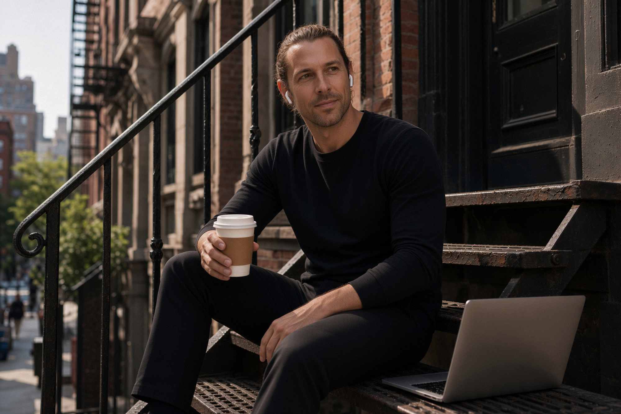 Stephan von Falkenstein sitting on a brownstone stoop with a coffee
            and an open laptop, a Manhattan street behind him.